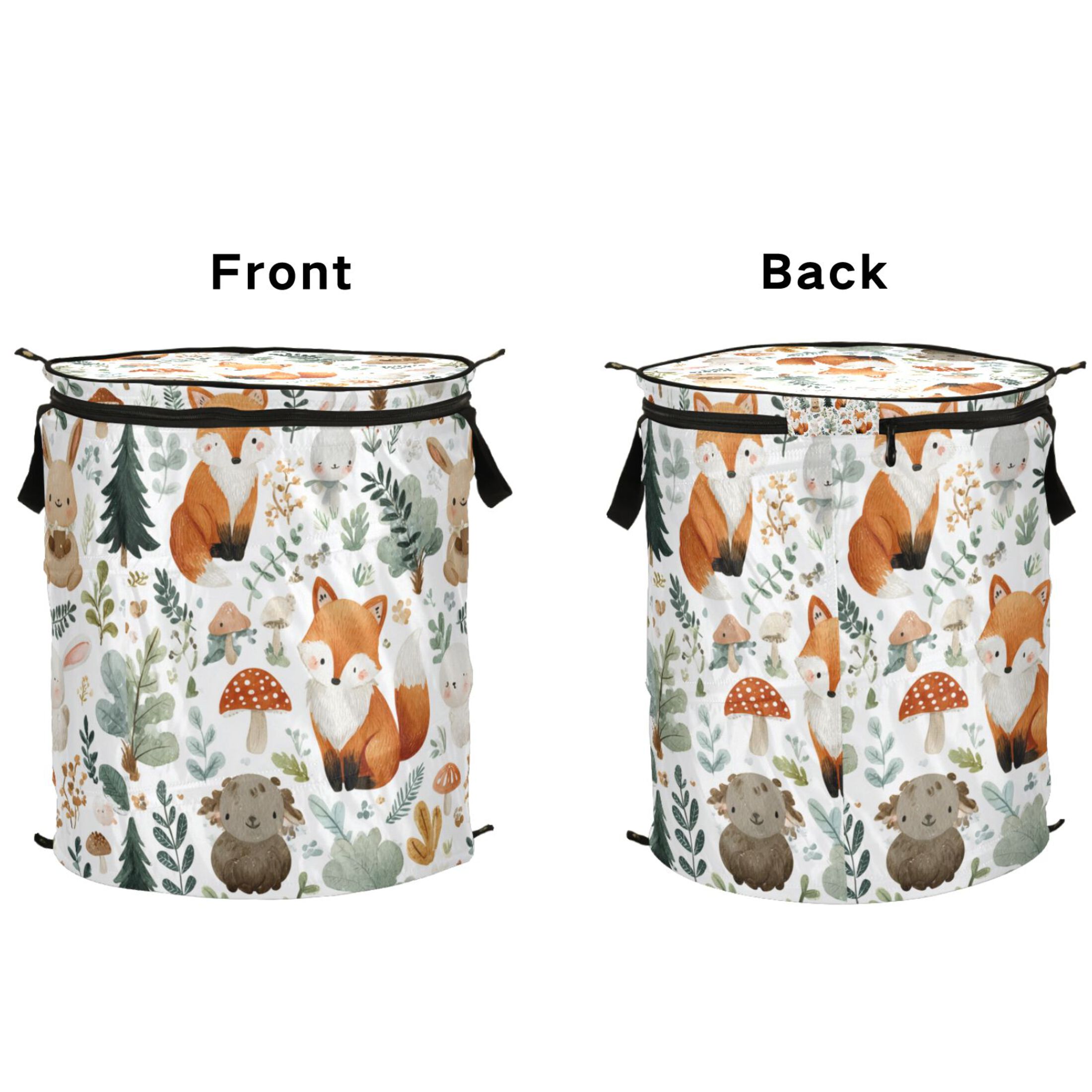 50L Extra Large Popup Hamper Collapsible Laundry Basket With Zippered Lid 15.7x18.5in Cute Woodland Animals