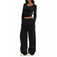 thumbnail image 1 of Women 2 Piece Matching Lounge Sets Clothing Comfiest Wide Leg Pants Y2K Sweatsuits Fall Outfit Black XS, 1 of 9