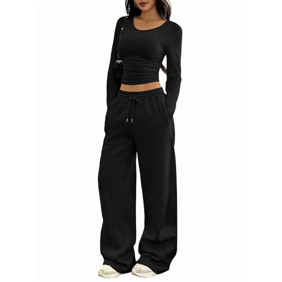 Women 2 Piece Matching Lounge Sets Clothing Comfiest Wide Leg Pants Y2K Sweatsuits Fall Outfit Black S