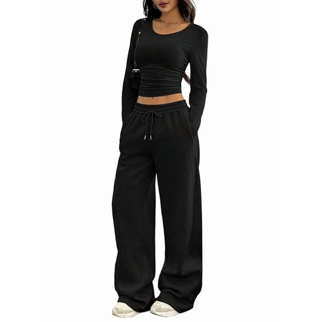 Women 2 Piece Matching Lounge Sets Clothing Comfiest Wide Leg Pants Y2K Sweatsuits Fall Outfit Black XS