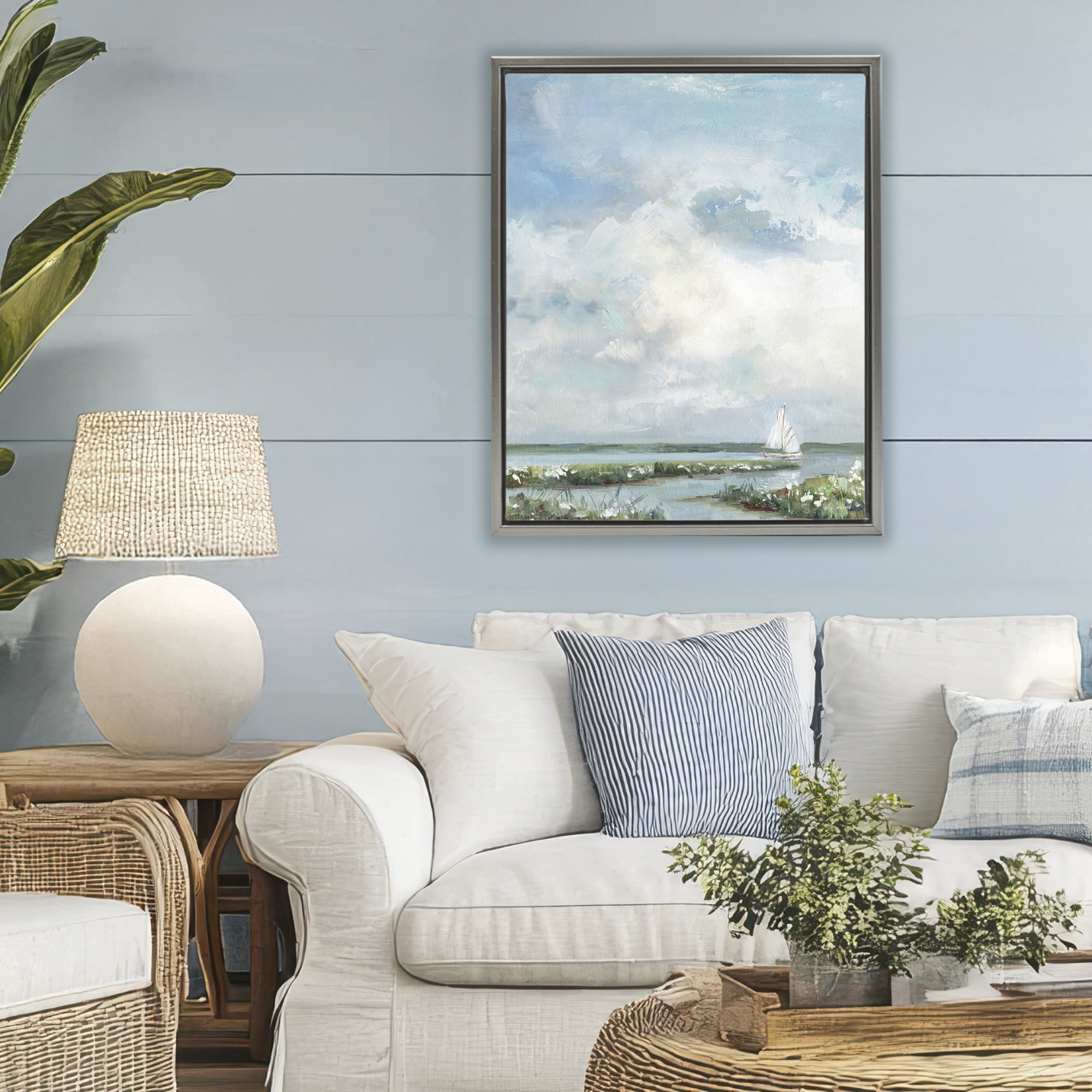 Stupell Industries Sailboat On Summer Marsh Gray Framed Floater Canvas Wall Art, design by Sally Swatland