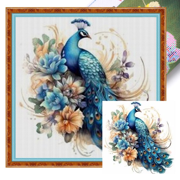 Kit Punto Cruz Pavo Real Impreso Hilo Algodón Ecológico Bordado 11CT 50x50cm