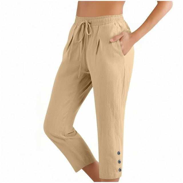 HongQid Capri Pants for Women High Waisted Tapered Leg Casual Lounge Pant Summer Capris Adjustable Drawstring with Pockets