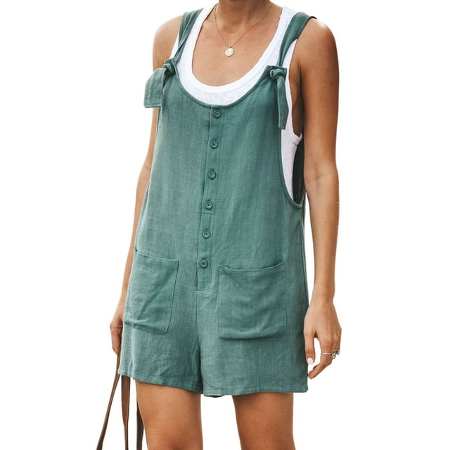 Daeful Jeans Pants Solid Color Romper Adjustable Strap Jumpsuits Ladies Plain Wide Leg Suspender Denim Bib Overalls Dark Green L