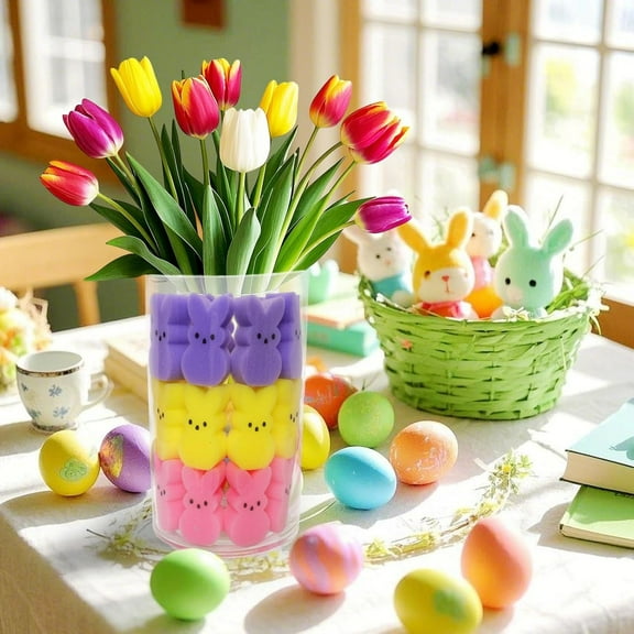 64Pcs Cute Sponges Bunnies Vase Filler,QZS Multi-color Easter Bunnies Vase Filler Set,Reusable Spring Centerpieces Decor for Home,Indoor