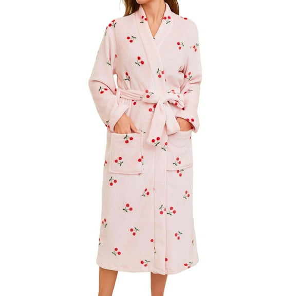 Arlun Womens Cute Cherry Print Robes Valentine's Day Gifts Over the Knee Long Sleeve Loose Fit Fuzzy Cozy Winter Loungewear Soft Comfy Fashion Wrap Bathrobe with Pockets White XL