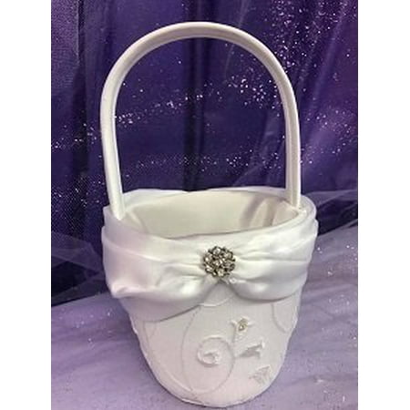 Rhinestone Basket - Wedding White Satin Flower Girl Basket with Rhinestone Accessories