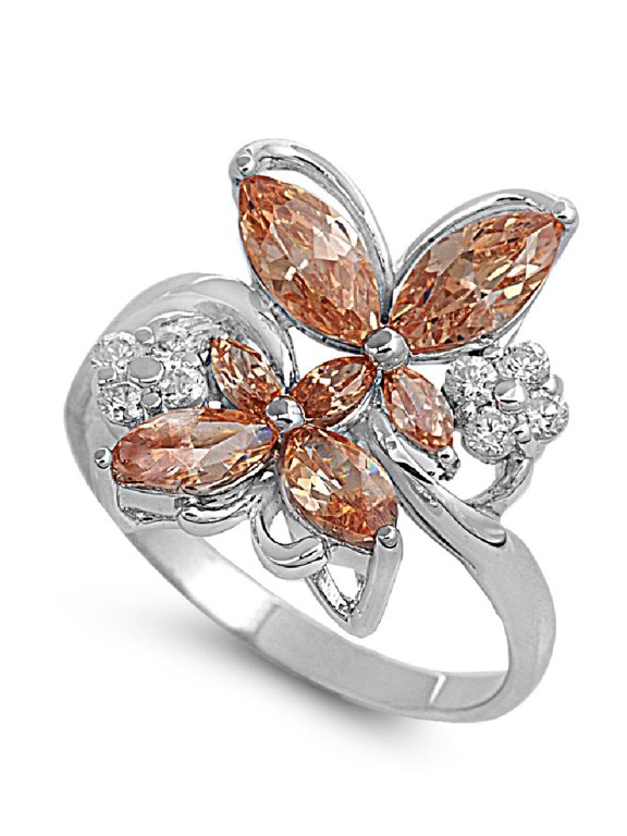 Champagne Supernova Butterfly Cubic Zirconia Ring Sterling Silver 925