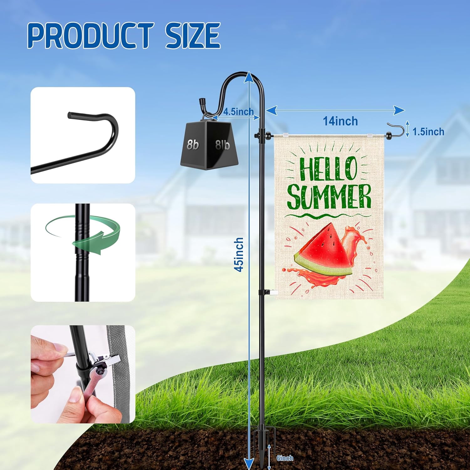 Garden Flag Stand, Heavy Duty Pole Holder with Shepherd Hook for Yard Decoration, 45 INCH Sturdy Post Stake Outdoor 14''x20'' Flags (Without Flag)
