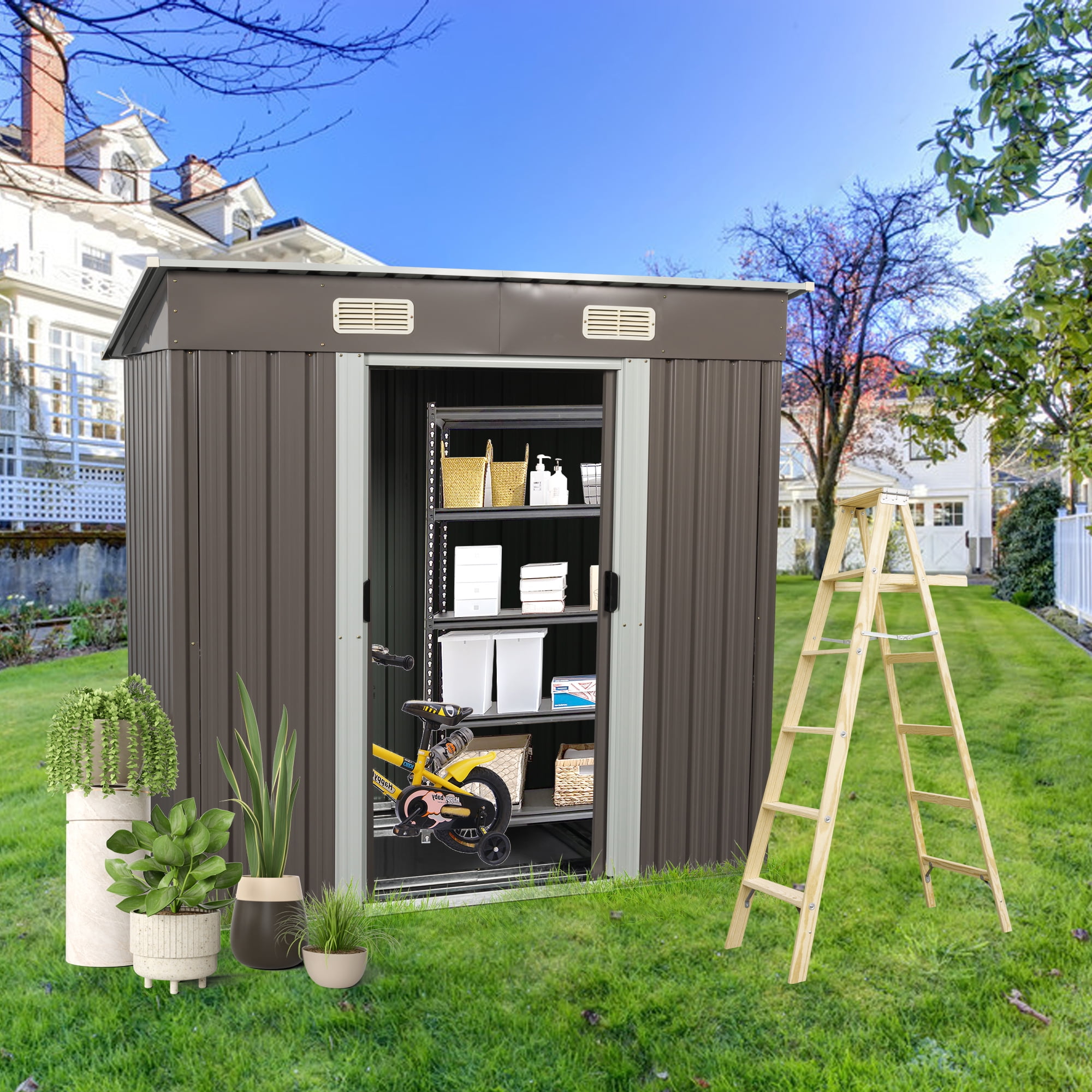 Aimee Lii 72"x42" Metal Outdoor Storage Shed, Utility Tool Shed Storage House, Metal Sheds Outdoor Storage for Backyard Garden Patio Lawn, Gray Aimee Lii 72"x42" Metal Outdoor Storage Shed, Utility Tool Shed Storage House, Metal Sheds Outdoor Storage for Backyard Garden Patio Lawn, Gray