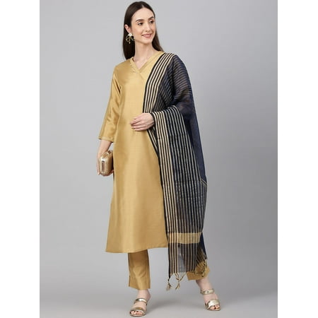 Janasya Indian Women's Gold Crepe Silk Solid Kurta with Pant and Dupatta