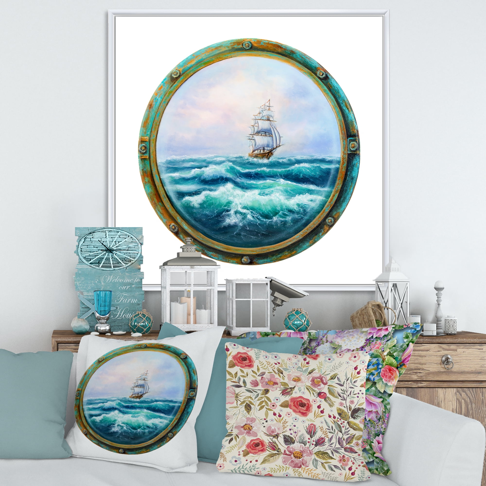 Designart 'Ship In Stormy Ocean Through Cabin Window' Nautical & Coastal Framed Canvas Wall Art Print