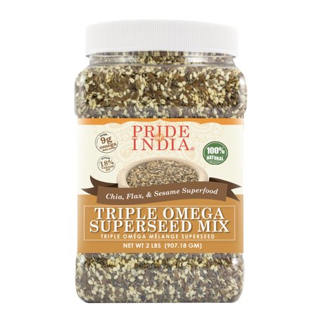 Pride of India - Triple omega Superseed Mix - Protein, Fiber, Calcium, Isron, omega-3, omega-6, & Thiamin Rich Superfood w/ Chia Flax & Sesame Seeds, 2lbs Jar