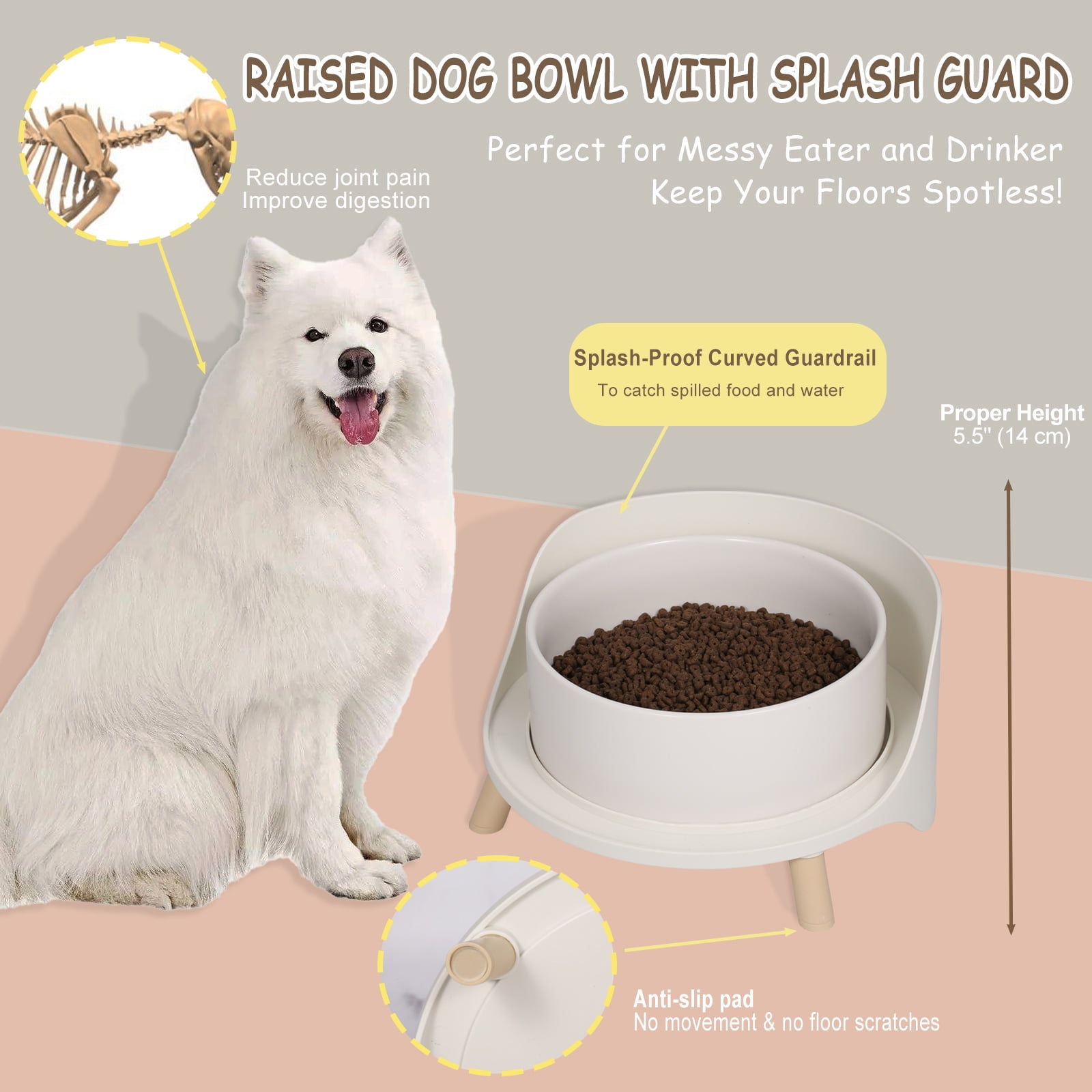 Elevated Dog Bowls Large Dogs - Raised Dog Food Bowl with Non Slip Stand - Heavy Weighted Ceramic Dog Feeding Bowl - Dog Water Bowl - 1 x 1800 ml - 60 oz - White
