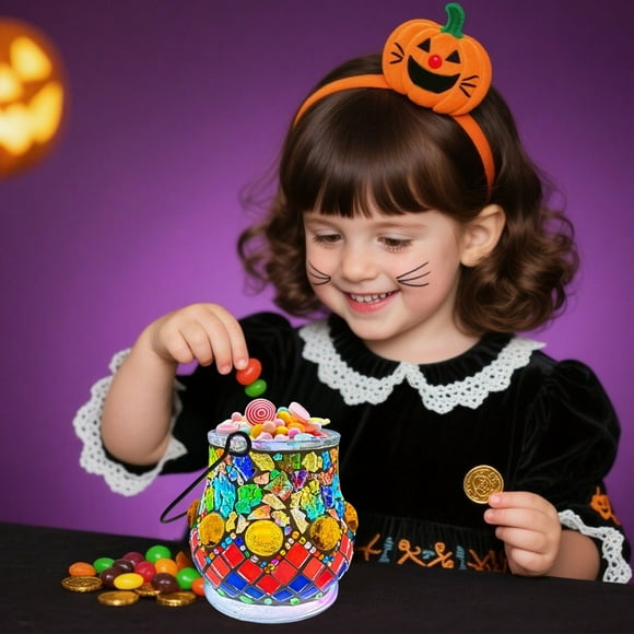 RKSTN Halloween Pot DIY Halloween Pot à Bonbons Illuminé avec Lumières Incluant un Pack de Matériel 10 Pcs Jouet Casse-Tête Parent-Enfant Fait Main Cristal Lumineux Cadeau Contient 30ml d'Adhésif