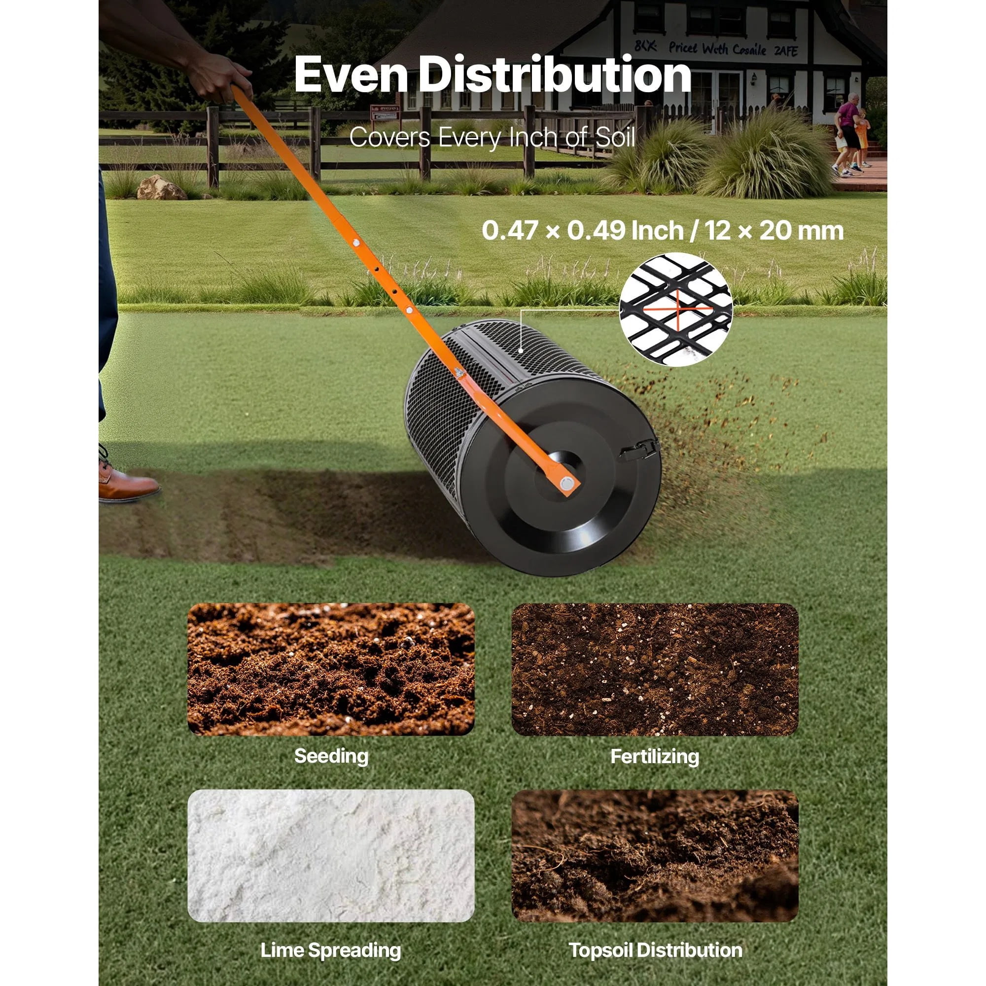 Compost Spreader, 24 in Wide Peat Moss Spreader with T Shaped Handle, 3 Heights Adjustable, Powder-Coated Steel Garden Peat Moss Roller, Heavy Duty Grass Seed Spreaders for Planting Seeding