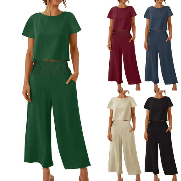 2 Piece Outfits for Women Summer Casual Beach Linen Sets Button Back Crop Top Wide Leg Pant Set with Pockets