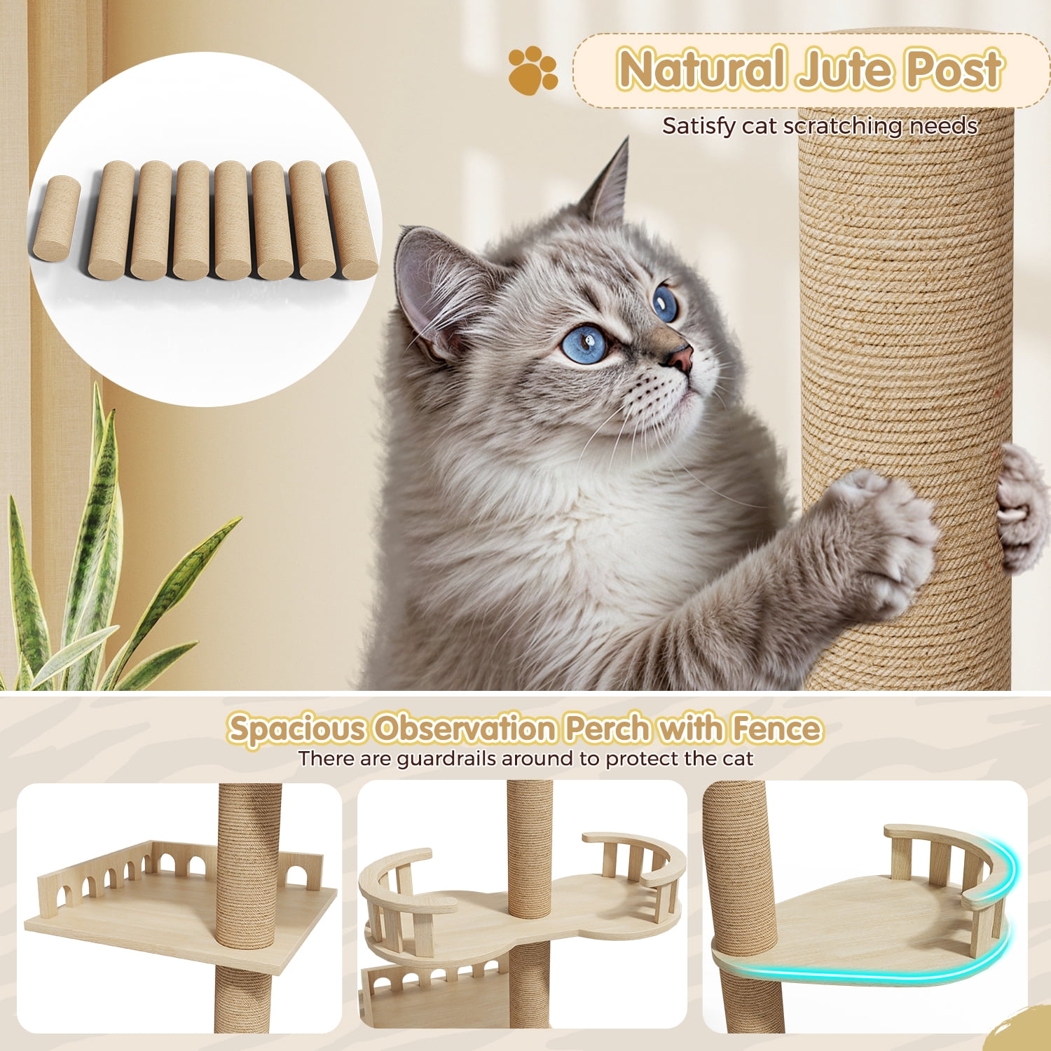 Erinnyees Floor to Ceiling Cat Tree Adjustable 86-106", 6-Level Wood Cat Tower with Scratching Post, Plush Hammock, Transparent Capsule & Perches for Indoor Cats, Space-Saving Cat Furniture