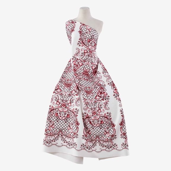 Zelouf Floral Garden Print Scuba  , Sewing, DIY, Crafts Fabric by the Yard, White/red, 3 Yard