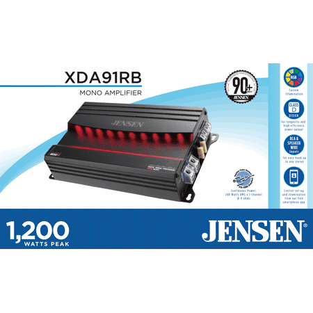 JENSEN XDA91RB Class D Mono Amplifier | RGB Custom Color | Adjustable Bass Boost | RCA Pass-Thru Outputs | Illumination & System Control via Bluetooth App | 1,200 Watts Dynamic