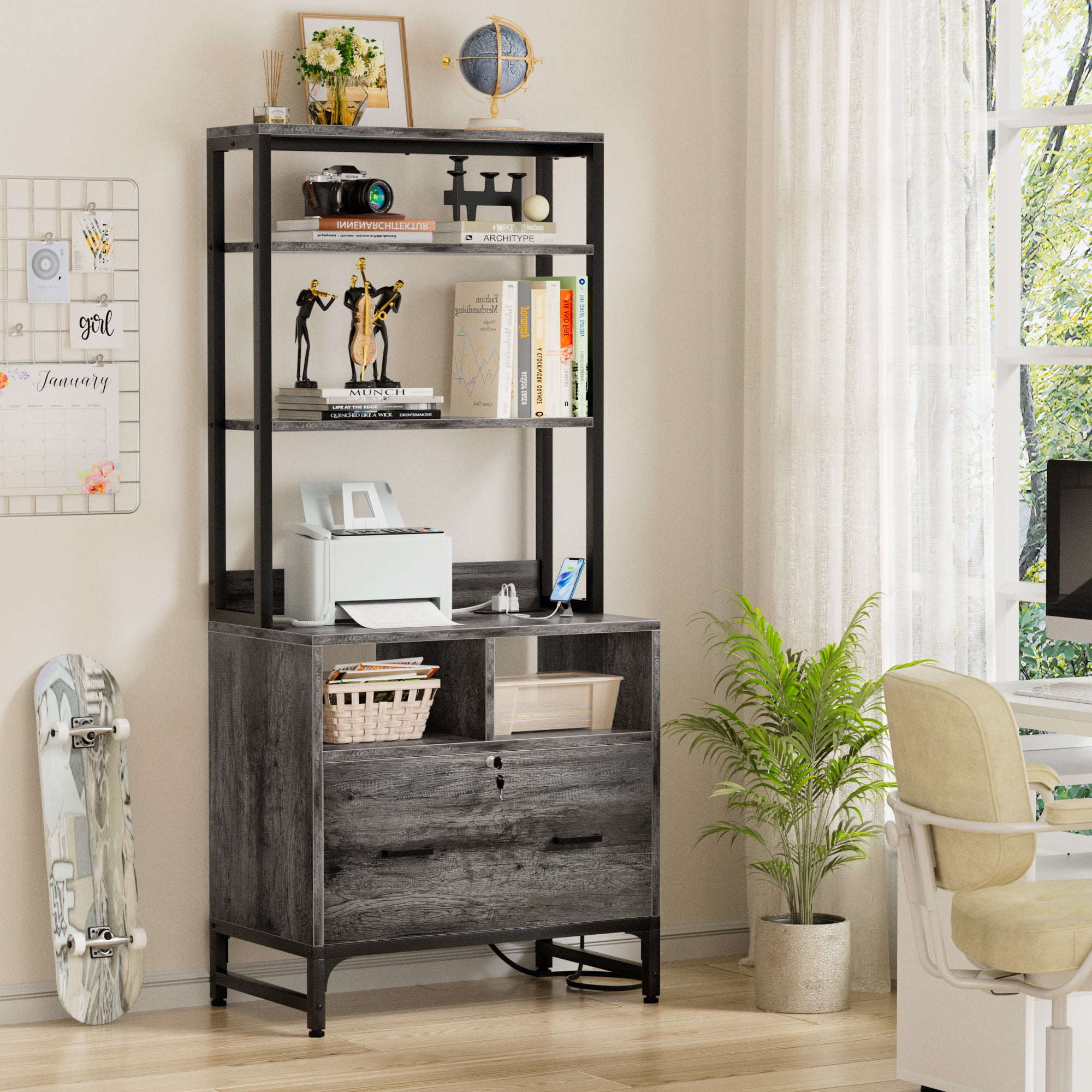 Aheaplus Vertical File Cabinet with Charging Station, Lock & Large Drawer - Printer Stand, Shelves for Letter/A4/Legal,Gray Oak