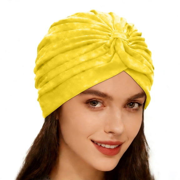 Boyscolos Velvet Turban Head Wrap for Women, Twist Knot Pre Tied Hair Cover Sleeping Bonnet Chemotherapy Head Scarf Yellow One Size