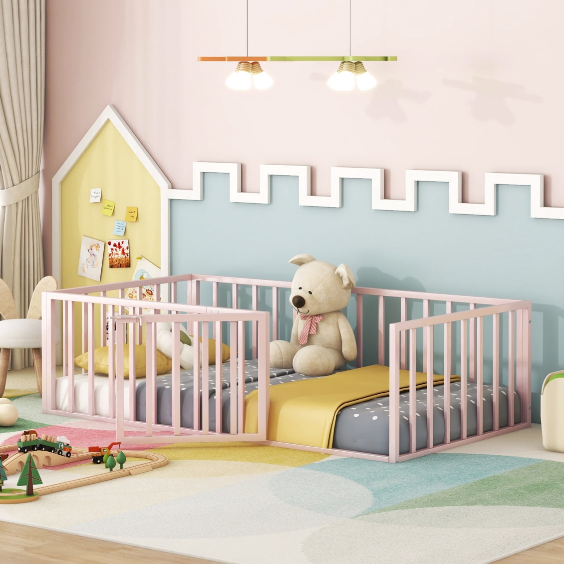 Twin Size Metal Floor Bed Frame with Fence and Door, Montessori Bedframe, No Box Spring Needed, Easy to Install, Pink