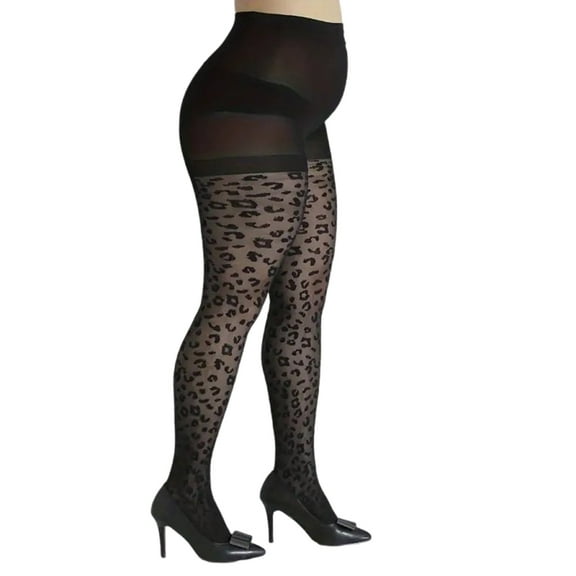 Women Large Size Leopard Pattern Silk Tights Stockings High Waist Control Top See Through Sheer Black Pantyhose Leggings