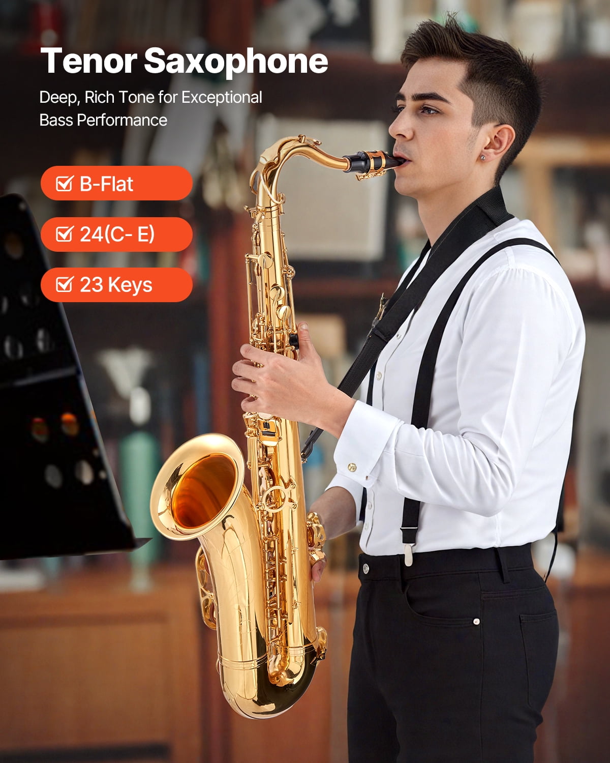 VEVOR Tenor Saxophone, B Flat, Professional Brass Saxophone Beginner Kit with Carrying Case, Mouthpiece, Straps, Cleaning Cloth, Gloves, Neck Strap, 23 Keys Tenor Sax Kit, for Beginners Students,Gold