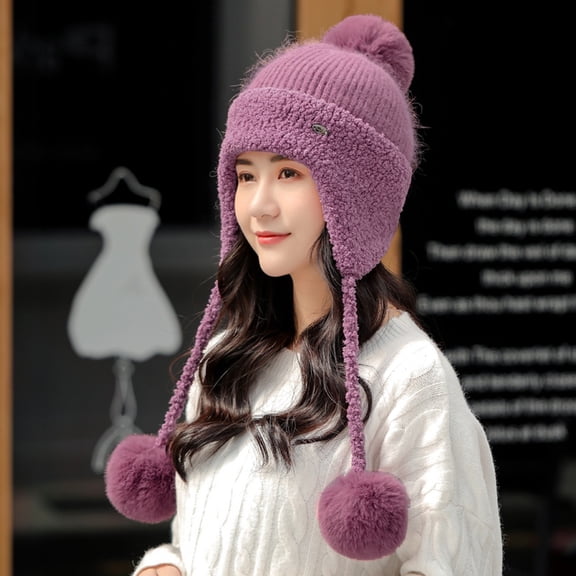 Dyfzdhu Winter Women Windproof Outdoor Warm Protection Ear Scarf Hat Knit Splicing Cap Pink