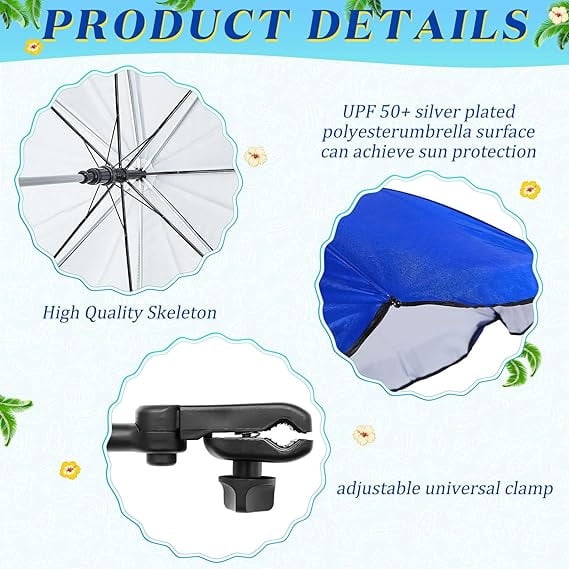 2 Pcs Automatic Chair Umbrella with Universal Clamp 44" UPF 50+ Portable Clamp on Beach Chair Adjustable Wheelchair Umbrella for Outdoor Patio Parasol