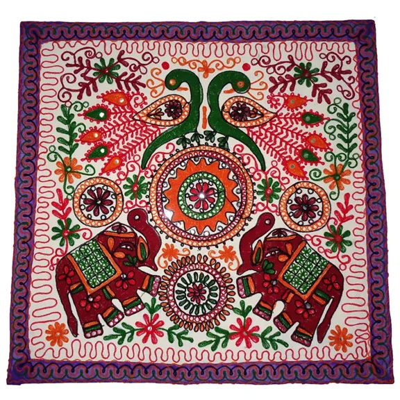 Tugana Craft Colorful Indian Hand Embroidered Peacock & Elephant Tapestry Wall Hanging Boho Tablecloth