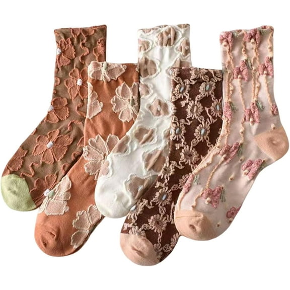 PIKADINGNIS Calf Socks 5 Pairs for Women 5-10 Cute Casual Novelty Vintage Renaissance Ankle 3D Flower Cotton Breathable