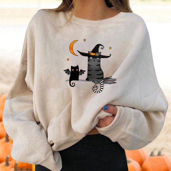 FASHOFT Cute Halloween Sweatshirt for Women Ghost Graphic Oversized Sweater Long Sleeve Crew Neck Pullover Tops Fall Winter Casual Holiday Hoodie Beige M