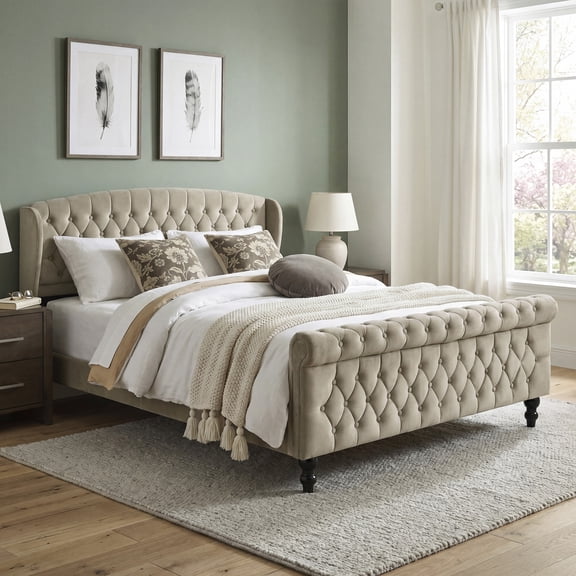 OakvillePark Tova 42"H Velvet Upholstered Platform Bed, Queen, Brown