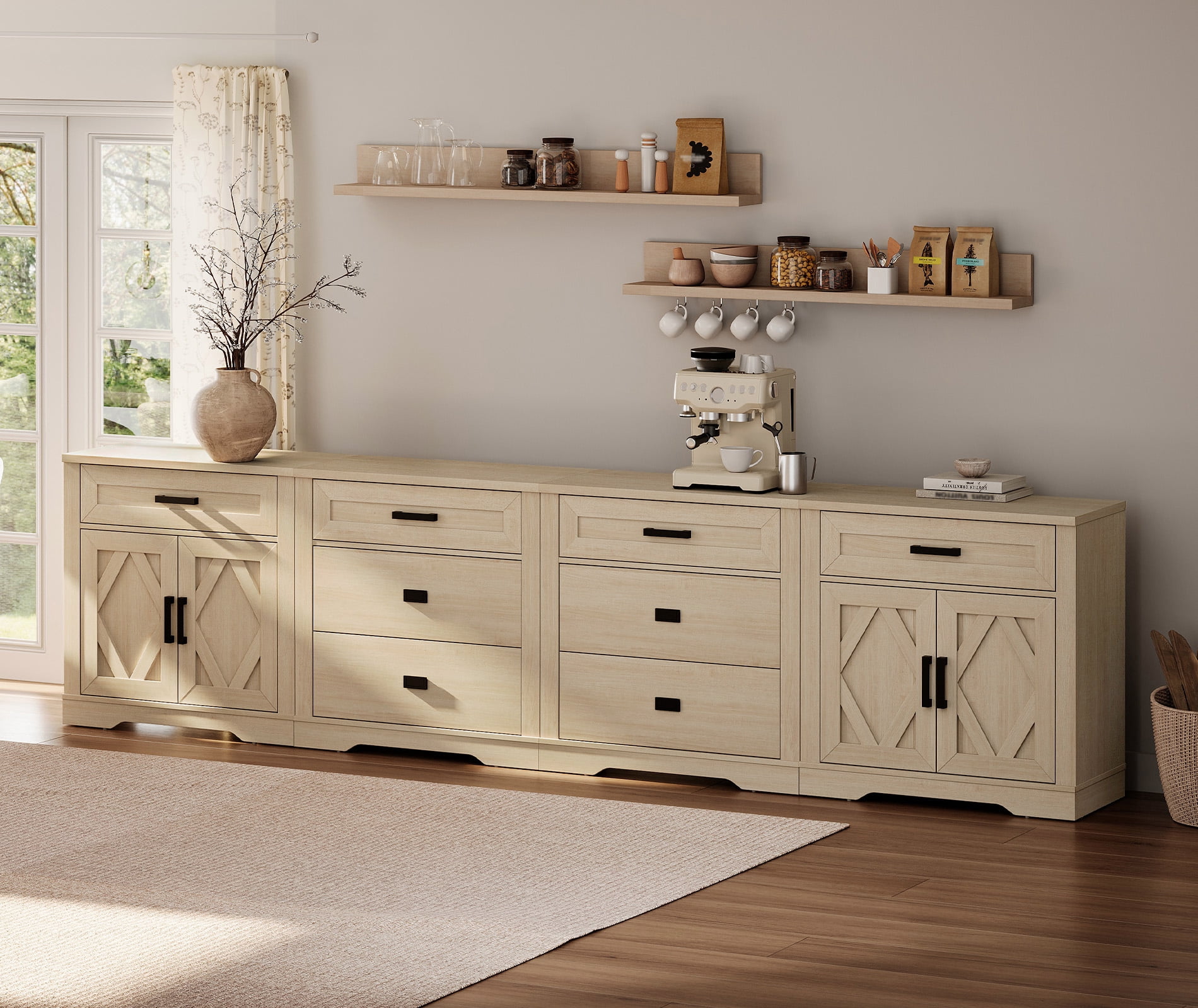 WAMPAT 126"W Large TV Stand,4-in-1 Farmhouse Entertainment Center with Storage Barn Door Cabinet,TV Console Table With Media Cabinet and Drawers for Living Room,Bedroom,Beige