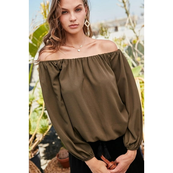 Off Shoulder Long Bubble Sleeve Solid Top S
