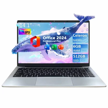 14.1" High-Performance Laptop Computer, Intel Celeron N4000 Processor, 6GB RAM 512GB SSD,2.6Ghz,Office 2024，WiFi 5, BT4.2,suitable for work, business,Windows 11 Pro Laptop(Silver)