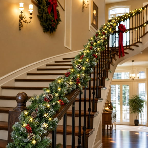 Pre‑Lit Christmas Garland, 9 ft Snowy Norfolk Pine, Red Berries and Pinecones, Warm LED Lights for Mantel Stair Railing and Doorway, Xmas Decor