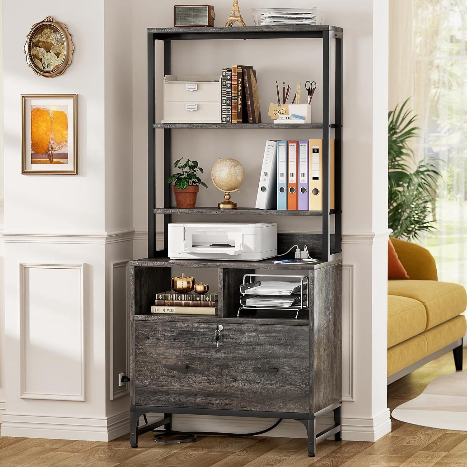 Aheaplus Vertical File Cabinet with Charging Station, Lock & Large Drawer - Printer Stand, Shelves for Letter/A4/Legal,Gray Oak
