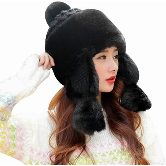 AKcxy Women Faux Fur Trapper Hat Cossack Russian Ushanka Hat Winter Warm Ear Flaps Mongolian Cap Furry Pompom Cap