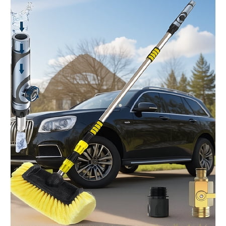 1 Pack 12FT Telescoping Car Wash Brush with Long Handle, 12-Inch Soft Bristle Head and Soap Dispenser, for Car, RV, Truck, Boat, Yellow