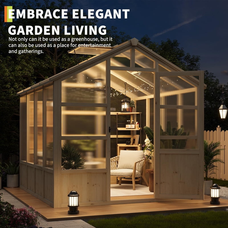 TROPOW Wooden Greenhouse 8x8FT - Heavy Duty Outdoor Green House with Cedar Wood Frame, Polycarbonate Panels, Lockable Door & Adjustable Vent for Garden Yard