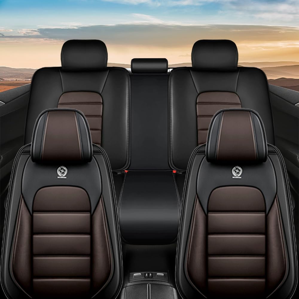 AFUNTIO Leather 5 Seat Covers for Honda 99% Models,Car Seat Cushions Full Set,Waterproof Car Sit Protectors,Nonslip Interior Accessories(Black and Coffee)