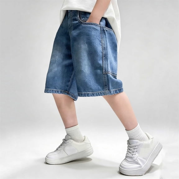 WAVSUF Denim Shorts for Boys Elastic Waist with Pockets Lightweight Summer Wide Leg Jeans Shorts Blue Size 7-8