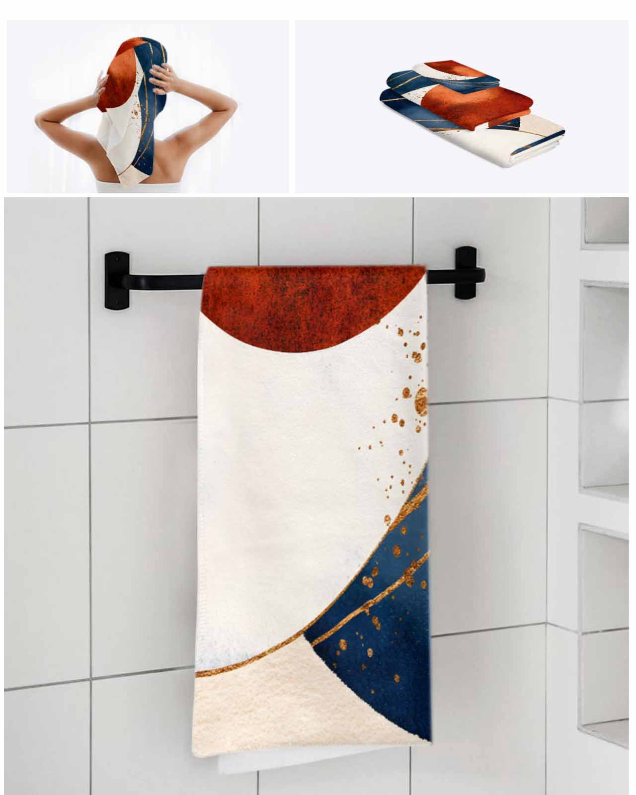 Navy Blue Burnt Orange Towel Set of 3, Soft Microfiber Bath Towels, Hand Towel, Washcloths, Modern Boho Art Geometric Quick-Dry Absorbent Towels for Bathroom Kitchen Hotel Beach Gym Spa
