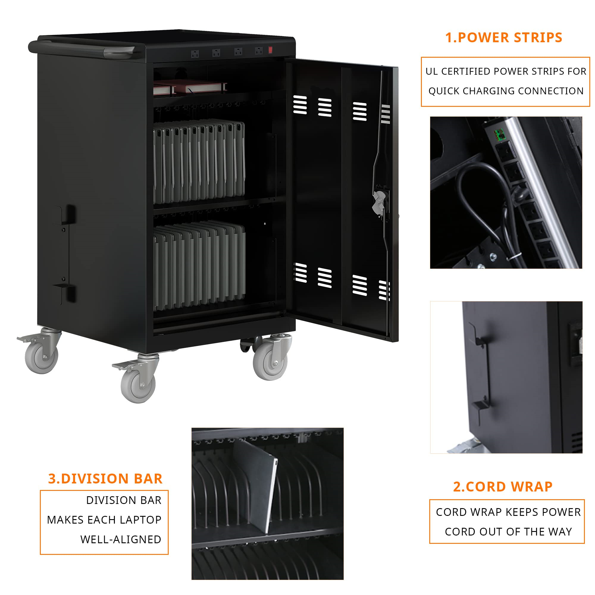 Aukfa 35-Unit Mobile Charging Cart, Classroom Locking Charging Station up to 16-inch Chromebooks and Laptop, Black