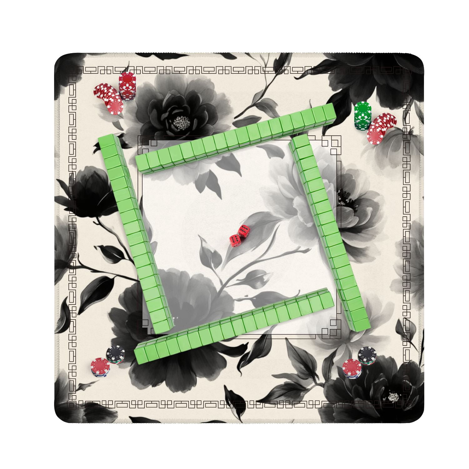Mahjong Mat 31.5" x 31.5" Seamless black white flowers Hand draw abstract floral Non-Slip Noise Reduction American Mahjong Tiles Table Cover for Dominoes Poker Card Board Games Gift