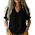thumbnail image 2 of Summer Sales Womens Summer Tops Work‑Style Ruffled V‑Neck Pleated Short Sleeve Loose‑Fit Blouse Oversized Tshirts for Women Under 12$, 2 of 8