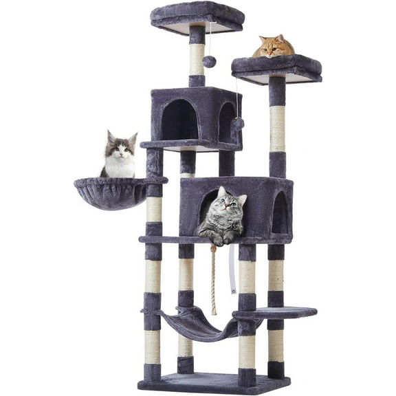 Cat Tree, 66.2-Inch Cat Tower for Indoor Cats, Plush Multi-Level Cat Condo with 12 Scratching Posts, 2 Perches, 2 Caves, Hammock, 2 Pompoms, Smoky Gray